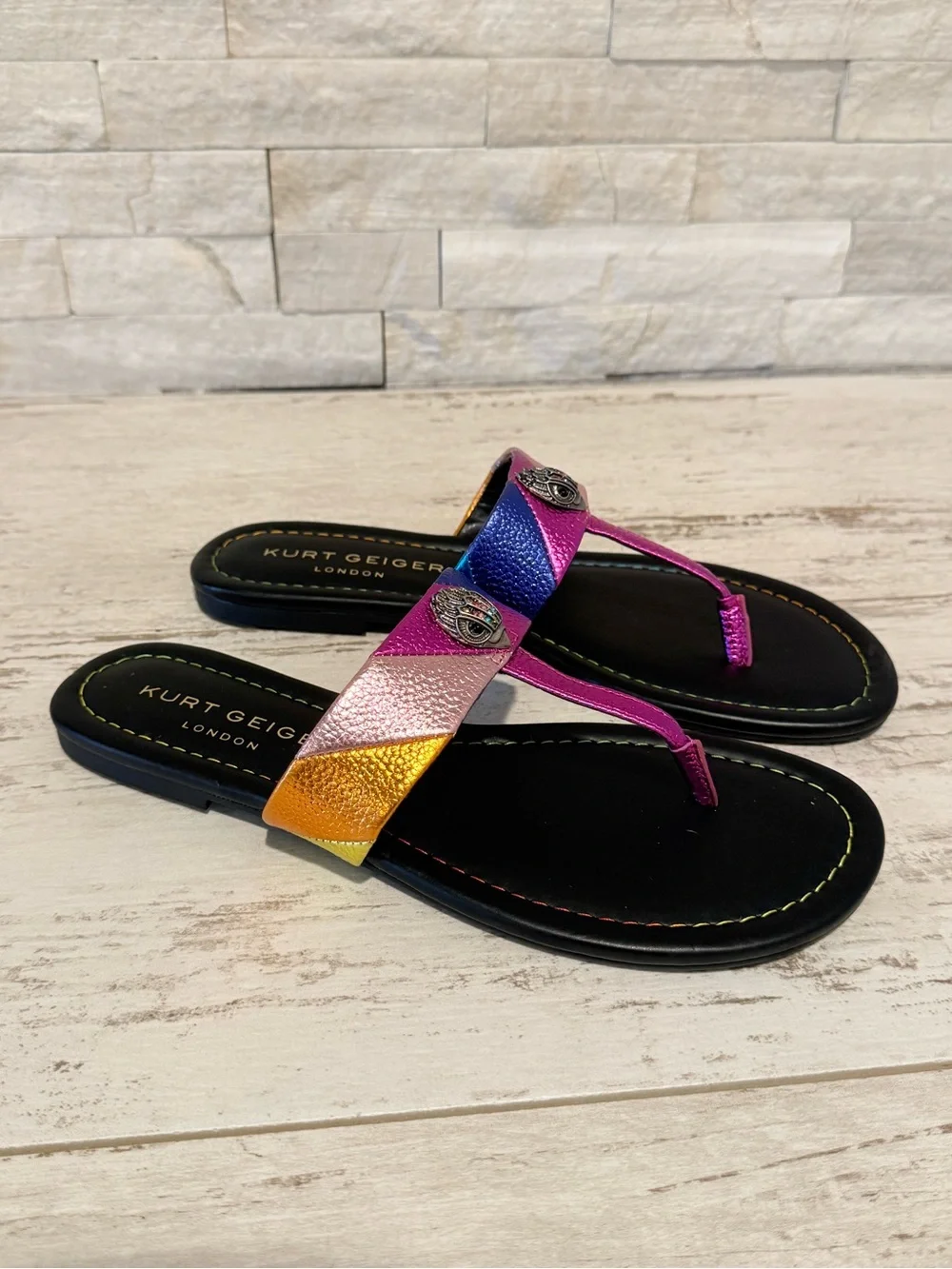 Kurt Geiger Kensington T-Bar Metallic Leather Slip On Sandals Sz 38.5 EU 8 NEW - Picture 3 of 15
